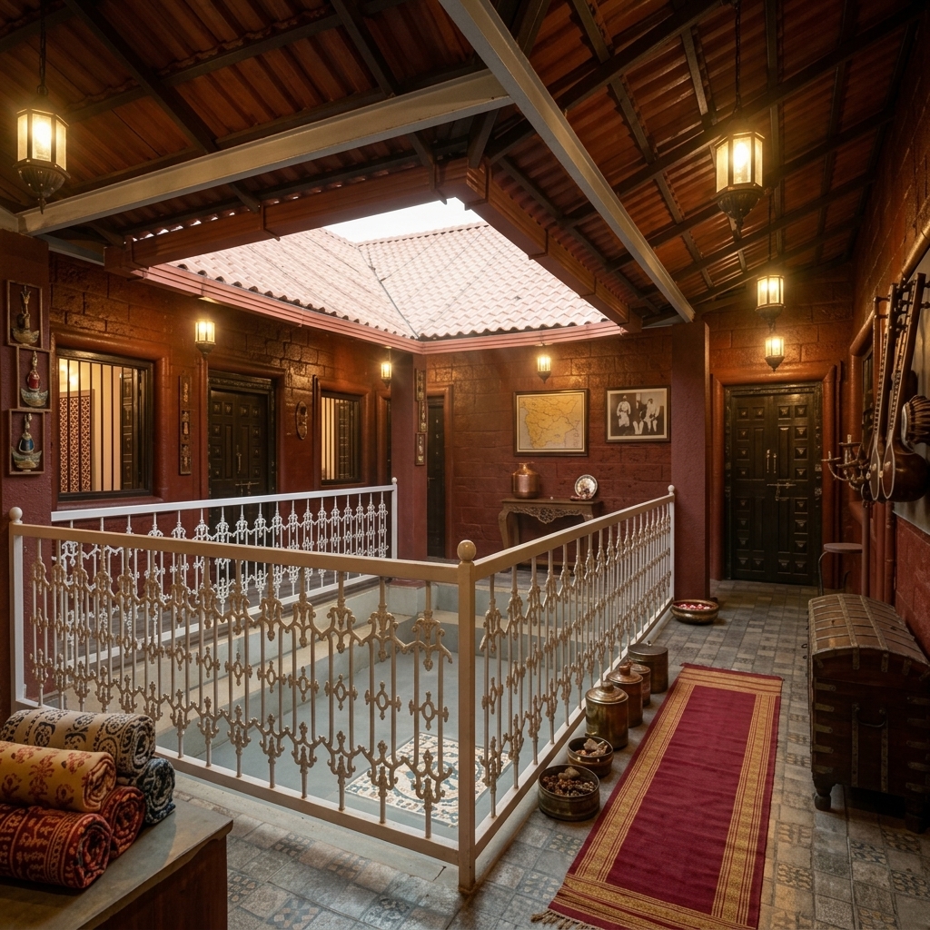 Heritage interior of Red Stone Villa: traditional Maharashtrian wada with ornate woodwork and warm lantern light